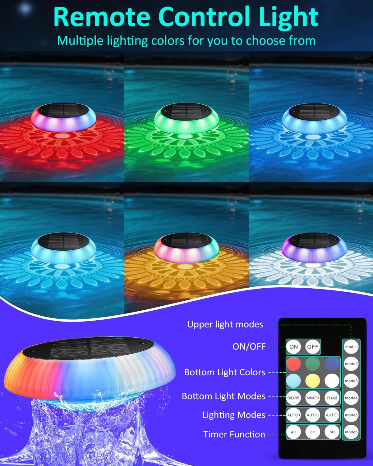 Solar Floating Pool Lights - Pool Lights, 18 RGB Lighting Modes, IP68 Waterproof, for Inground and above Ground Pool, Pool Party, Bathroom, Bathtub, Garden, Pond Decor（2Pcs）