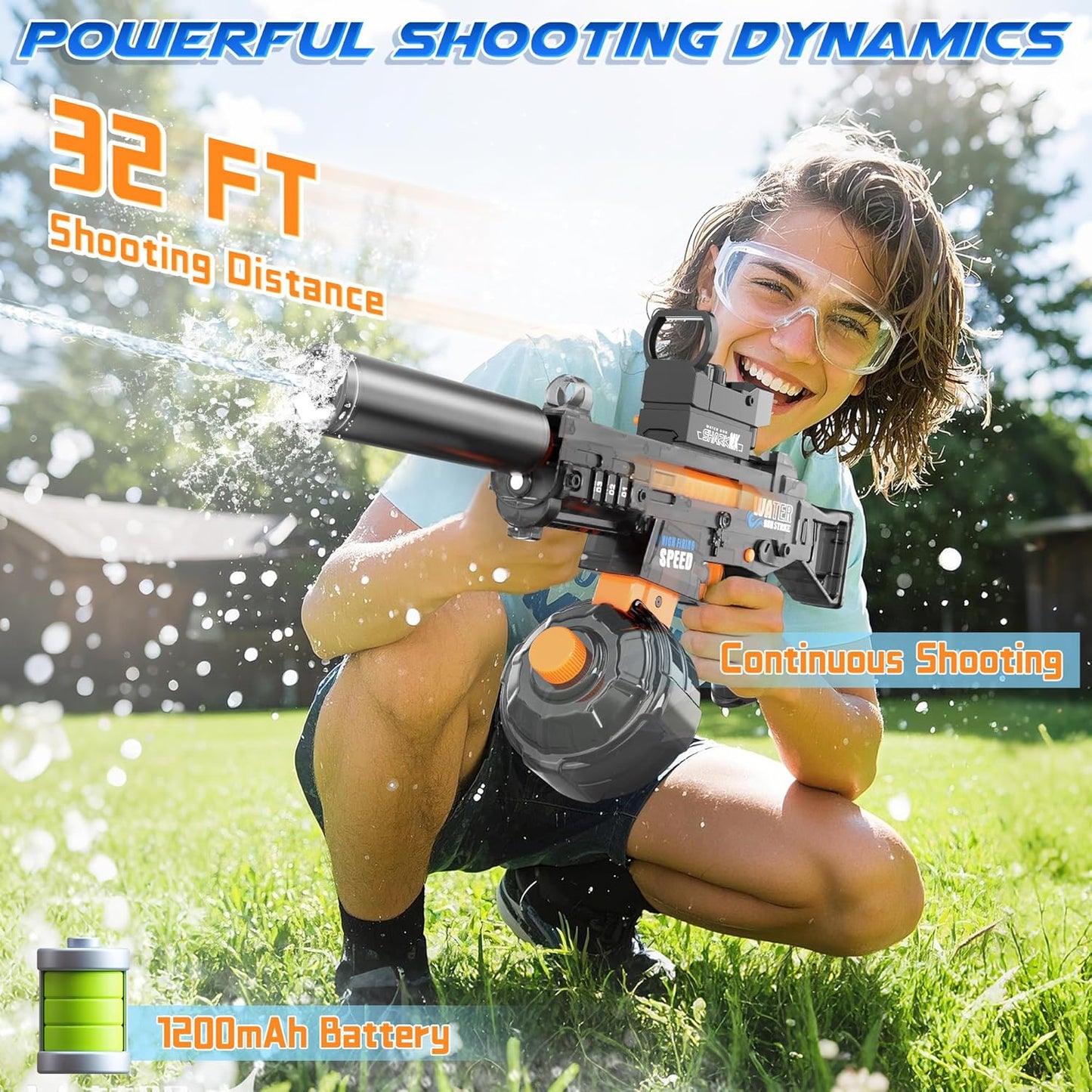 2 Pack Electric Water Guns for Adults & Kids, Automatic Squirt Guns with 32Ft Long Range, 300 Water Shots, LED Light, Summer Outdoor Swimming Pool Water Toys, Gray and Blue