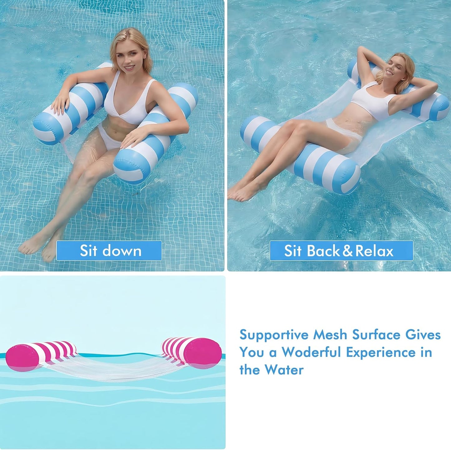 4 Pack Inflatable Pool Floats,  4-In-1 Water Hammock, Pool Floats Adult Size for Swimming Pool Party Summer Lake Water Fun